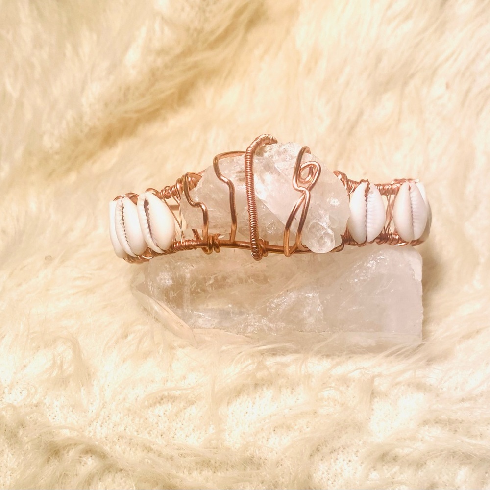 Clear Quartz Cowrie Shell Copper Statement Bracelet|9 inch (Handmade)